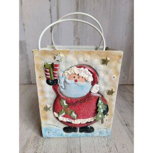 Vintage metal tealight candle santa holder Xmas snow glitter